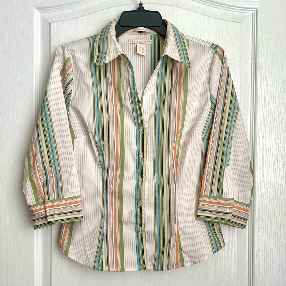 Electric Grandpa Preppy Button Down  3/4 Sleeves  ANTILIA FEMME Stretch size L